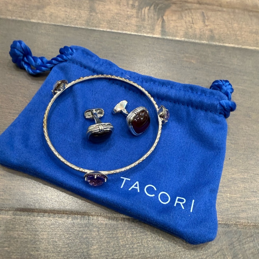 Tacori Silver Bracelet and Matching cuff links with Purple Stones on Blue Pouch